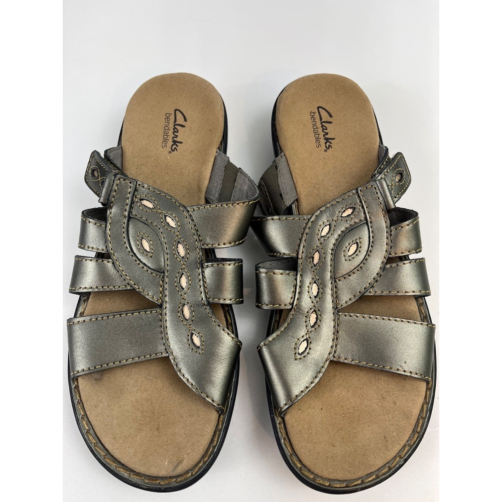Clarks Bendables Wedge Open Toe Bronze Metallic Sandals 9M 65785 Leather Upper